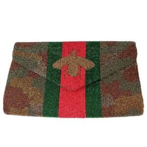 Tiana Beaded Bee Clutch Gold Red Green Stripe Camo Design  Snap Closure 10" x 6"